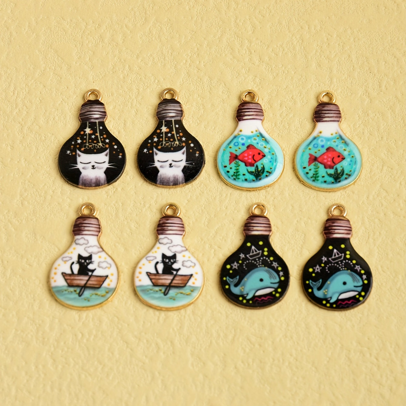 8pcs Goldfish Dolphin Kitten Print Bulb Pendant DIY Jewelry Set