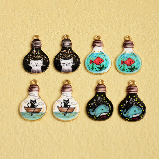 8pcs Goldfish Dolphin Kitten Print Bulb Pendant DIY Jewelry Set