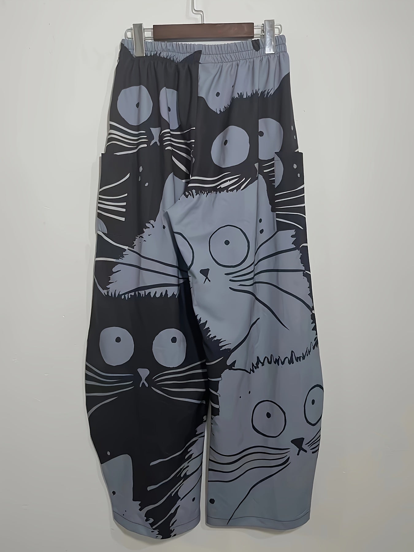  Funny Cat Print Wide Leg Pants with Pockets