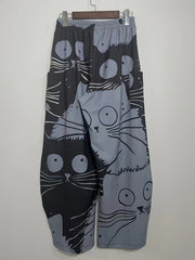  Funny Cat Print Wide Leg Pants with Pockets