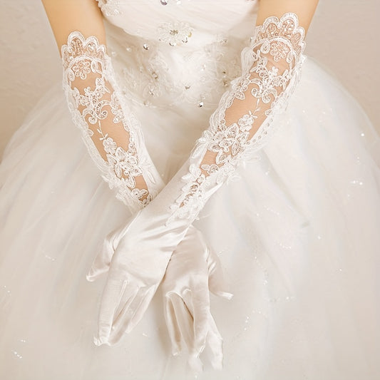 Satin Lace Gloves Faux Pearl Decor Embroidery Long Gloves For Women Wedding