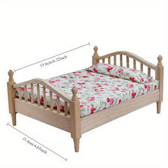 1/12 Scale Wooden Twin Bed Frame with Floral Bedding