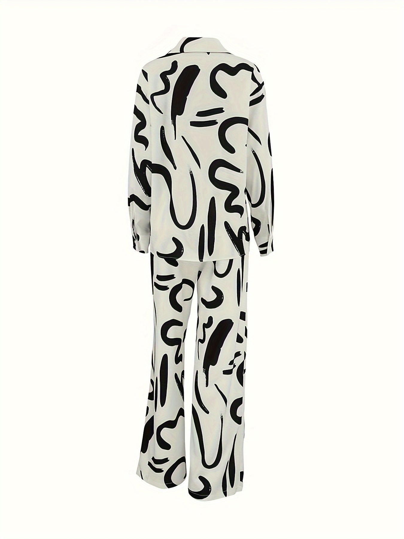  Graffiti Print Long Sleeve Blouse & Wide Leg Pants Set