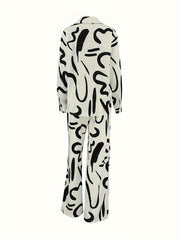  Graffiti Print Long Sleeve Blouse & Wide Leg Pants Set
