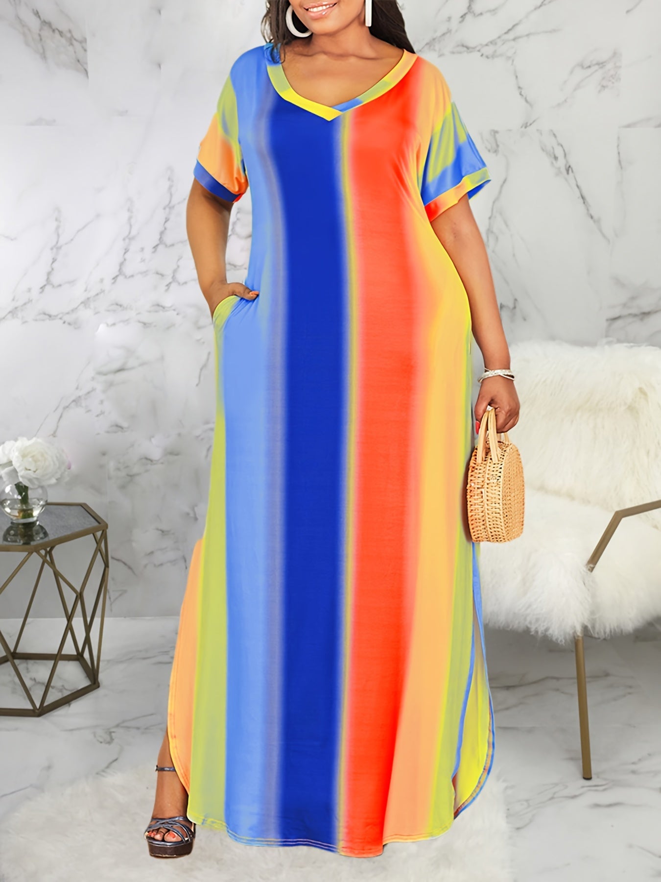  Tie Dye V-Neck Maxi Dress With Pocket Medium Stretch