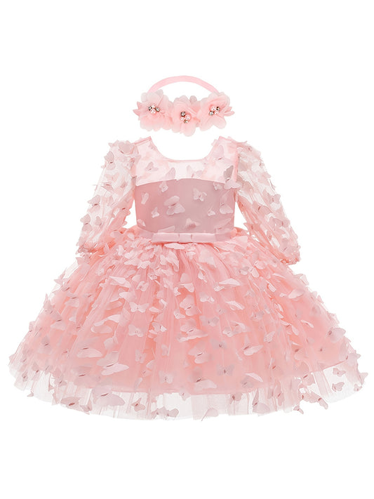 2pcs Baby Girls Butterfly Mesh Long Sleeve Dress & Headband Set