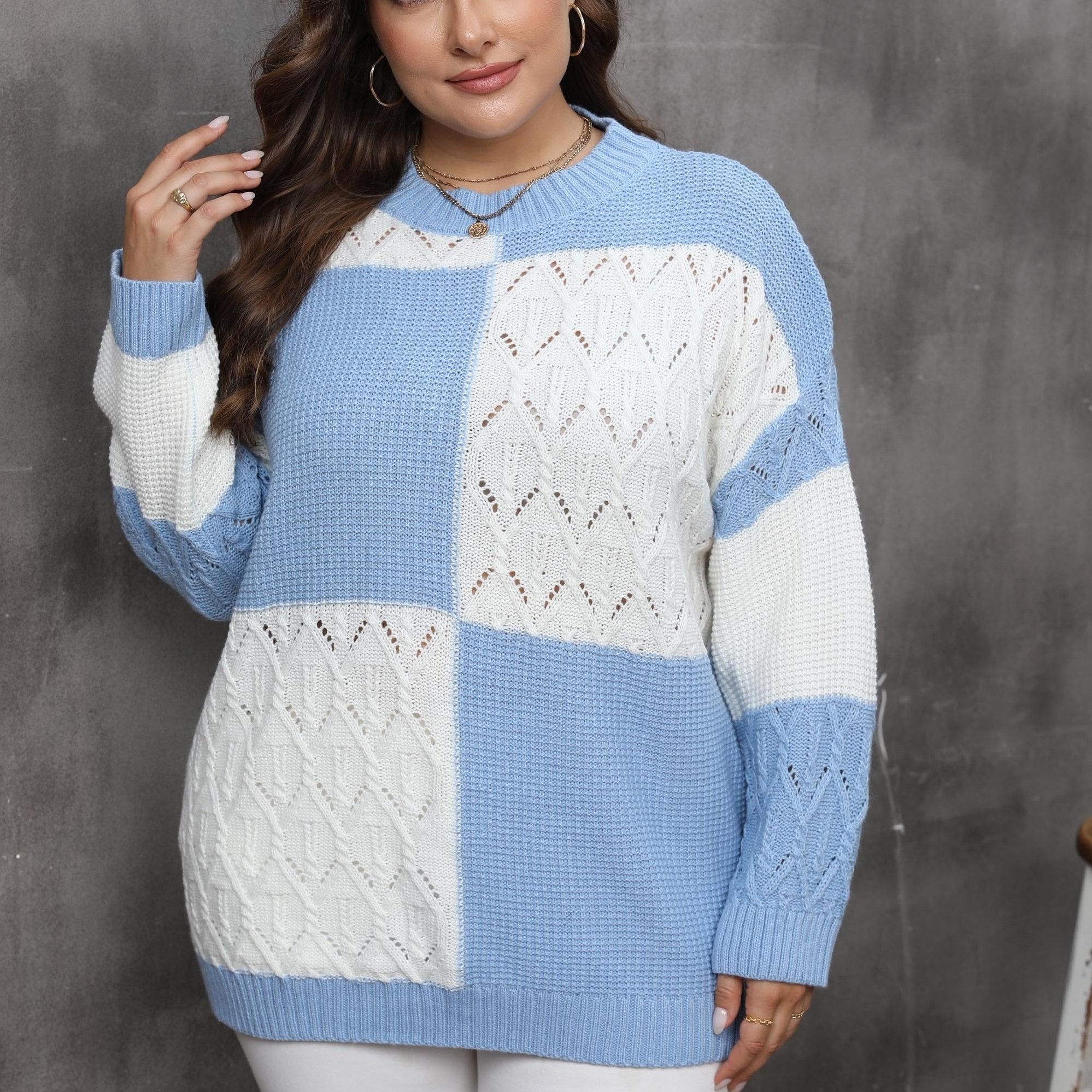  Colorblock Plaid Print Long Sleeve Sweater