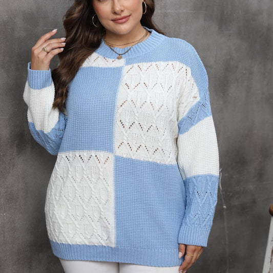  Colorblock Plaid Print Long Sleeve Sweater