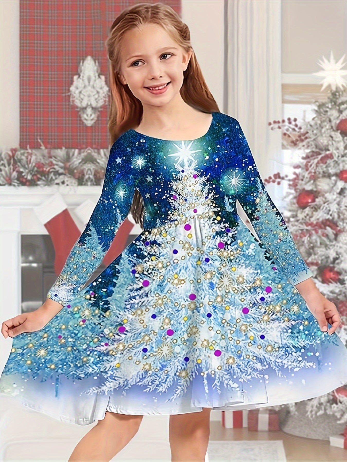Girls Christmas Tree Print Crew Neck Dress
