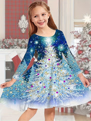 Girls Christmas Tree Print Crew Neck Dress