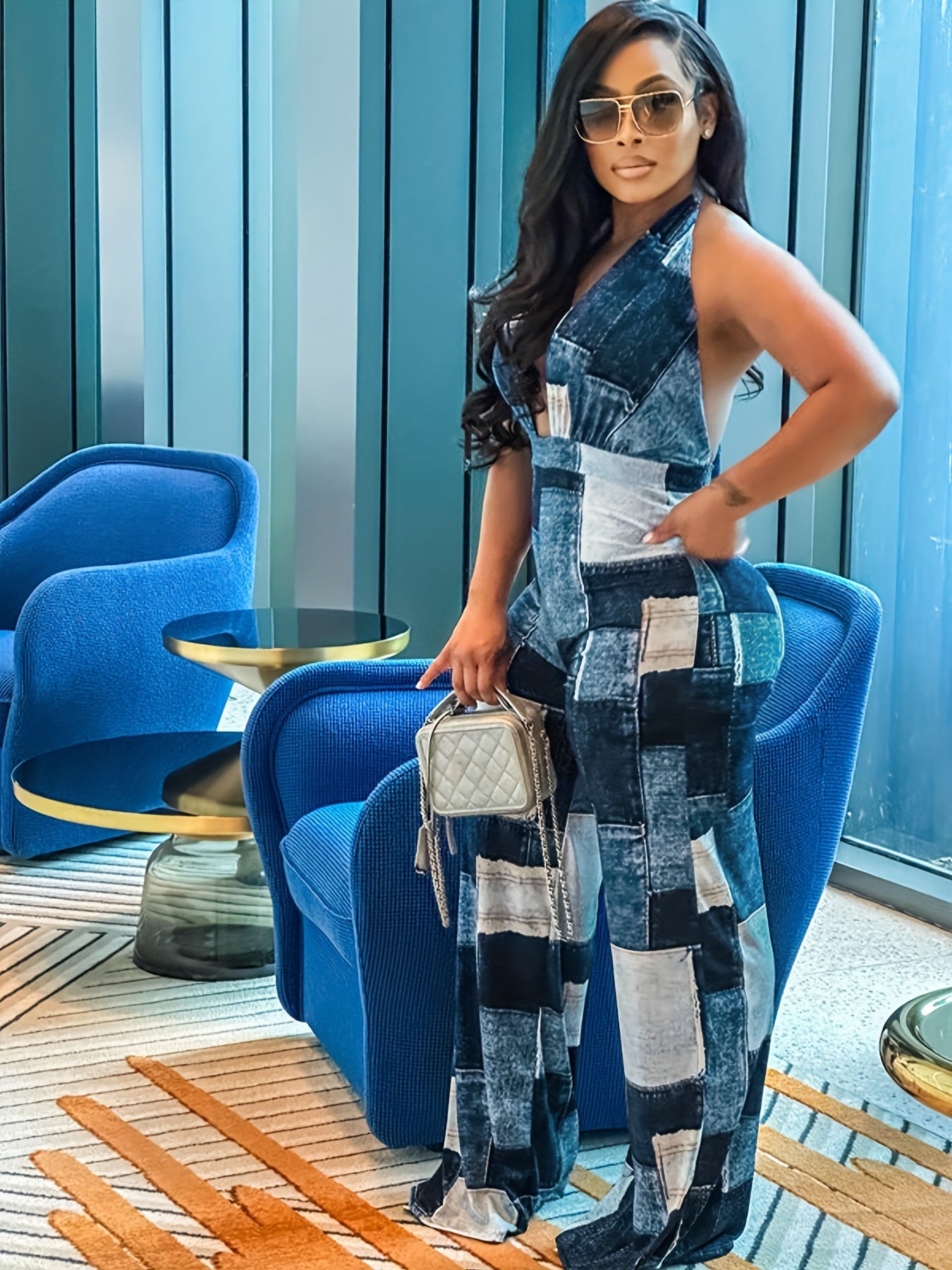  Colorblock Denim Wide Leg Jumpsuit