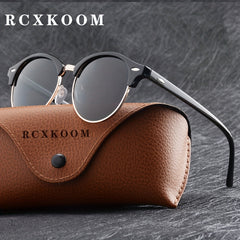 Half Frame Round Polarized Sunglasses Vintage Driving Semi Rimless Eyewear