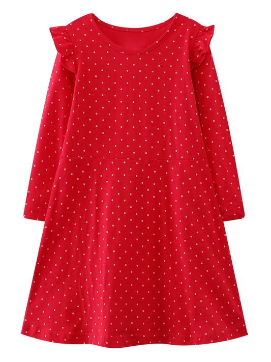 Polka Dots Girls Ruffle Long Sleeve Dress 3-8 Years