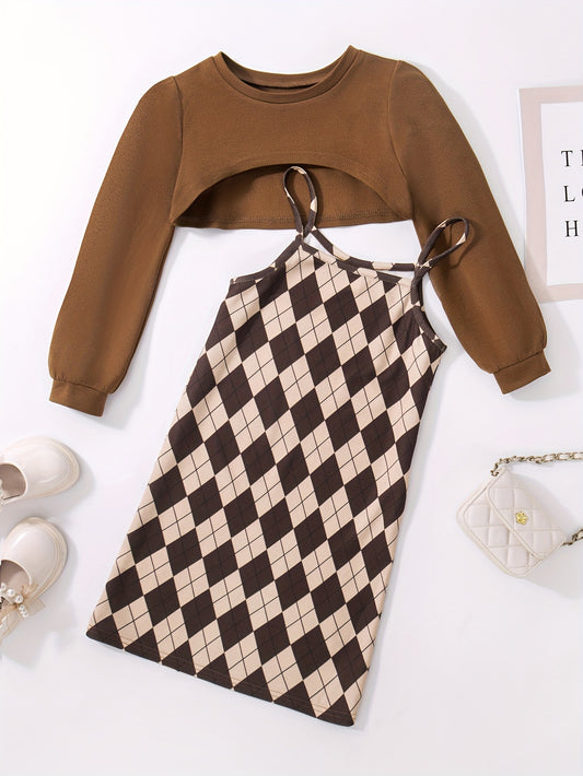 Girl's Plaid Sundress & Crop Sweatshirt Set for Spring Autumn