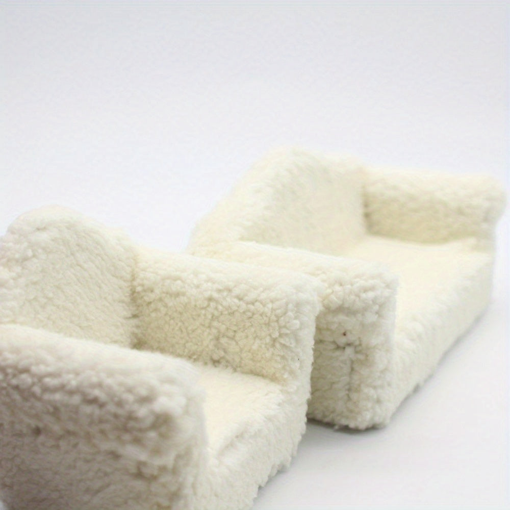 Soft Beige Plush Single Sofa with Pillow for Dollhouse