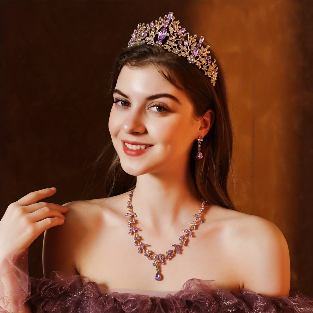 3PCS Wedding Jewelry Set Necklace Earrings Crown