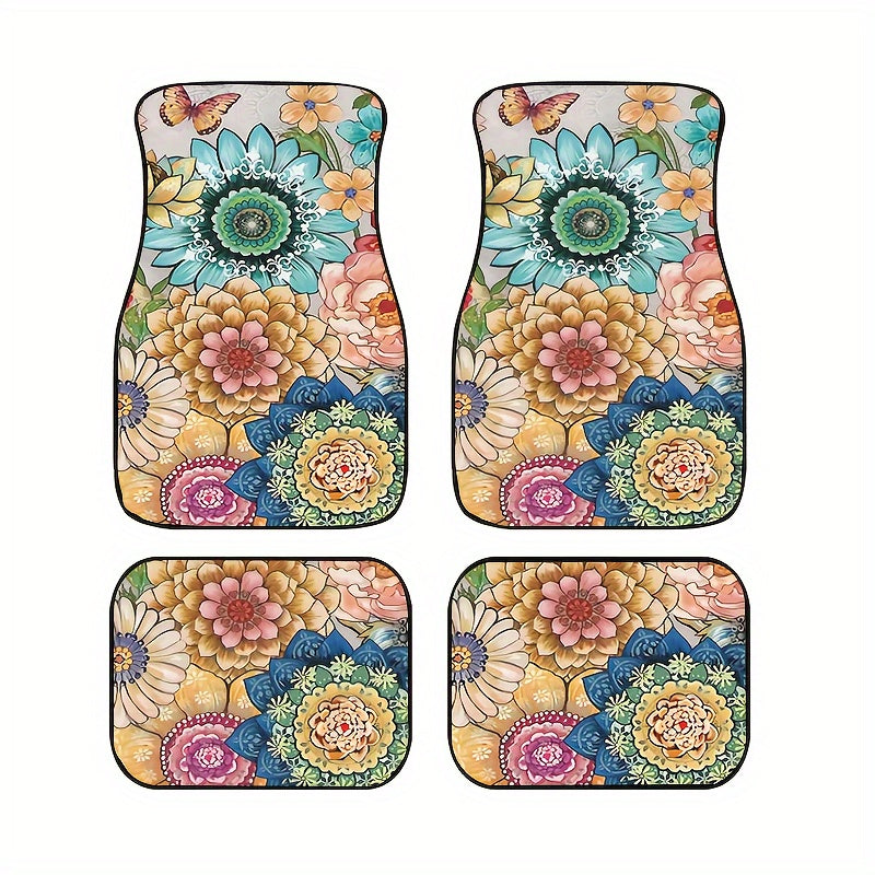 4pcs Colorful Floral Car Floor Mats Water Absorbent Non-slip Stain Resistant