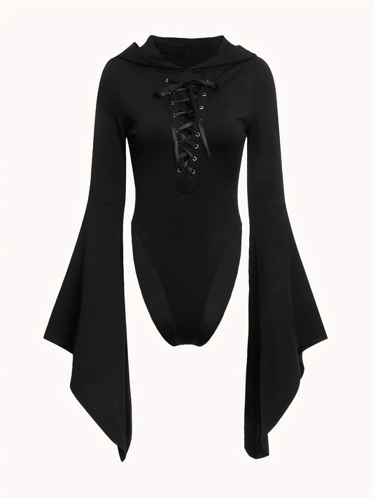 Gothic Drawstring Hooded Slim Bodysuit