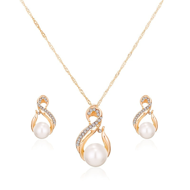 Zirconia Bridal Jewelry Set Necklace & Earrings Faux Pearls Anniversary Gift