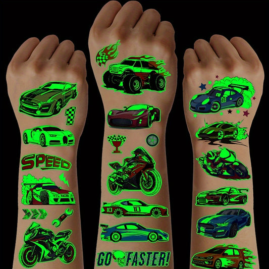 10 Sheets Glow in The Dark Racing Vehicles Temporary Tattoos