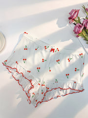 Cherry Print Pajama Set Lace Trim Cami Top & Ruffle Shorts