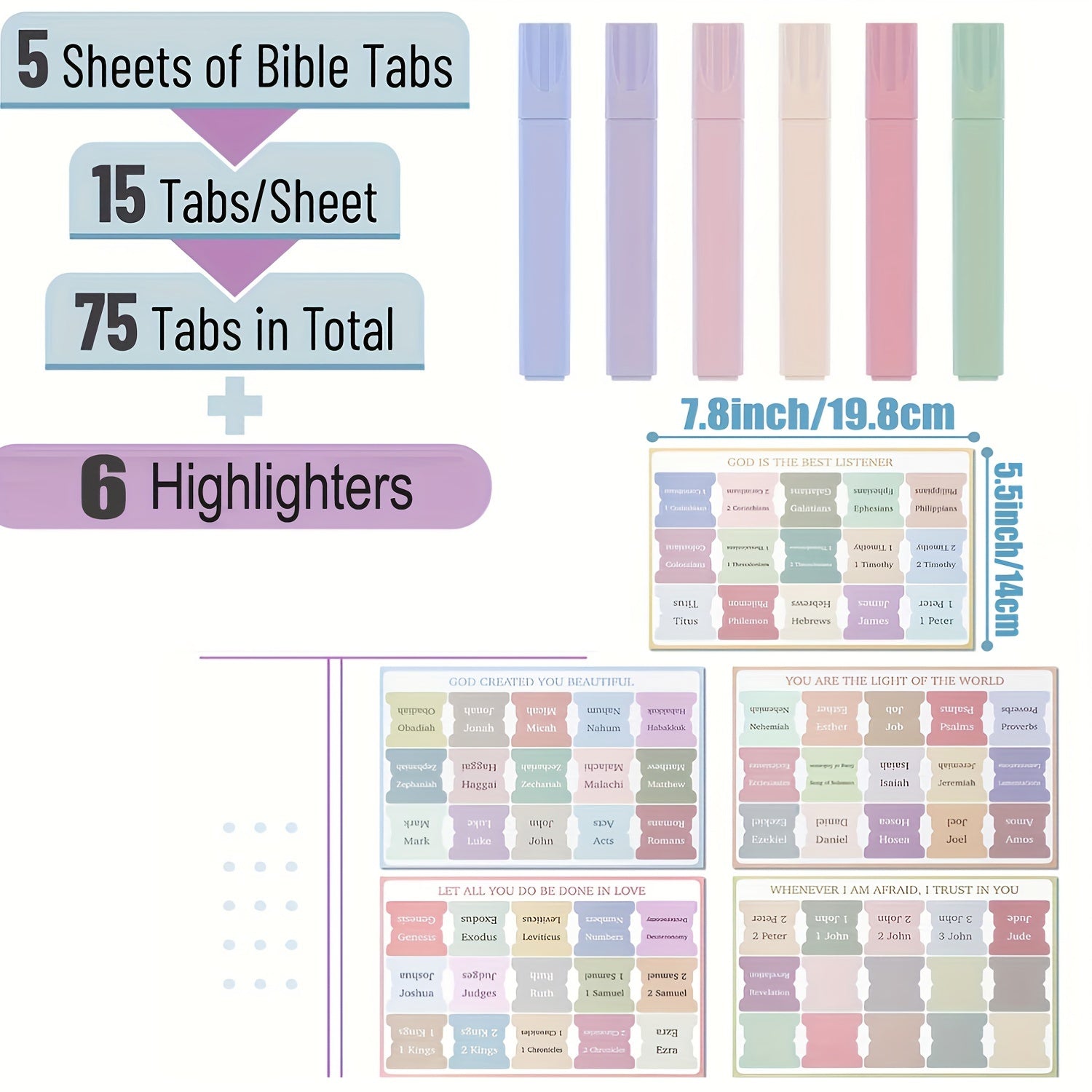 75 Bible Tabs & 6 Highlighters Set - Colorful Tabs for Women