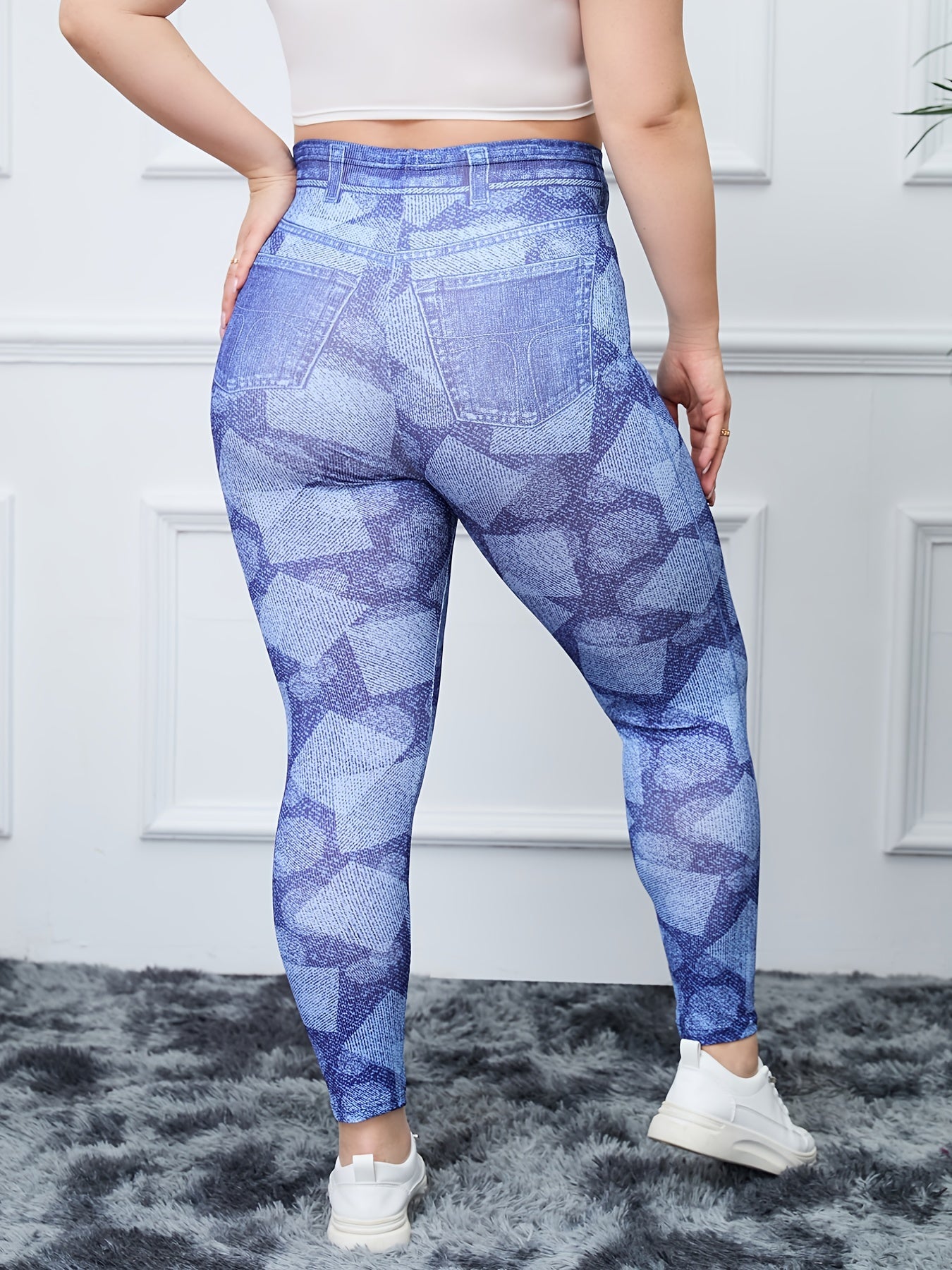  Geometric & Denim Print High Rise Fitness Leggings Women's Plus