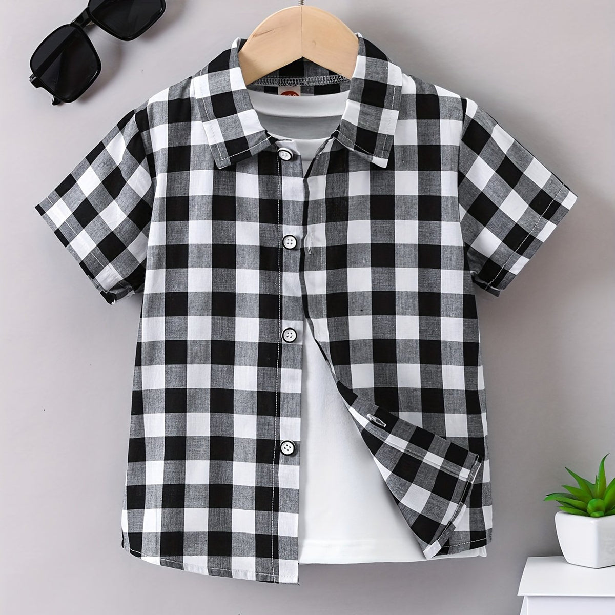 Boys Black Plaid Print Shirt Lightweight Short Sleeve Top