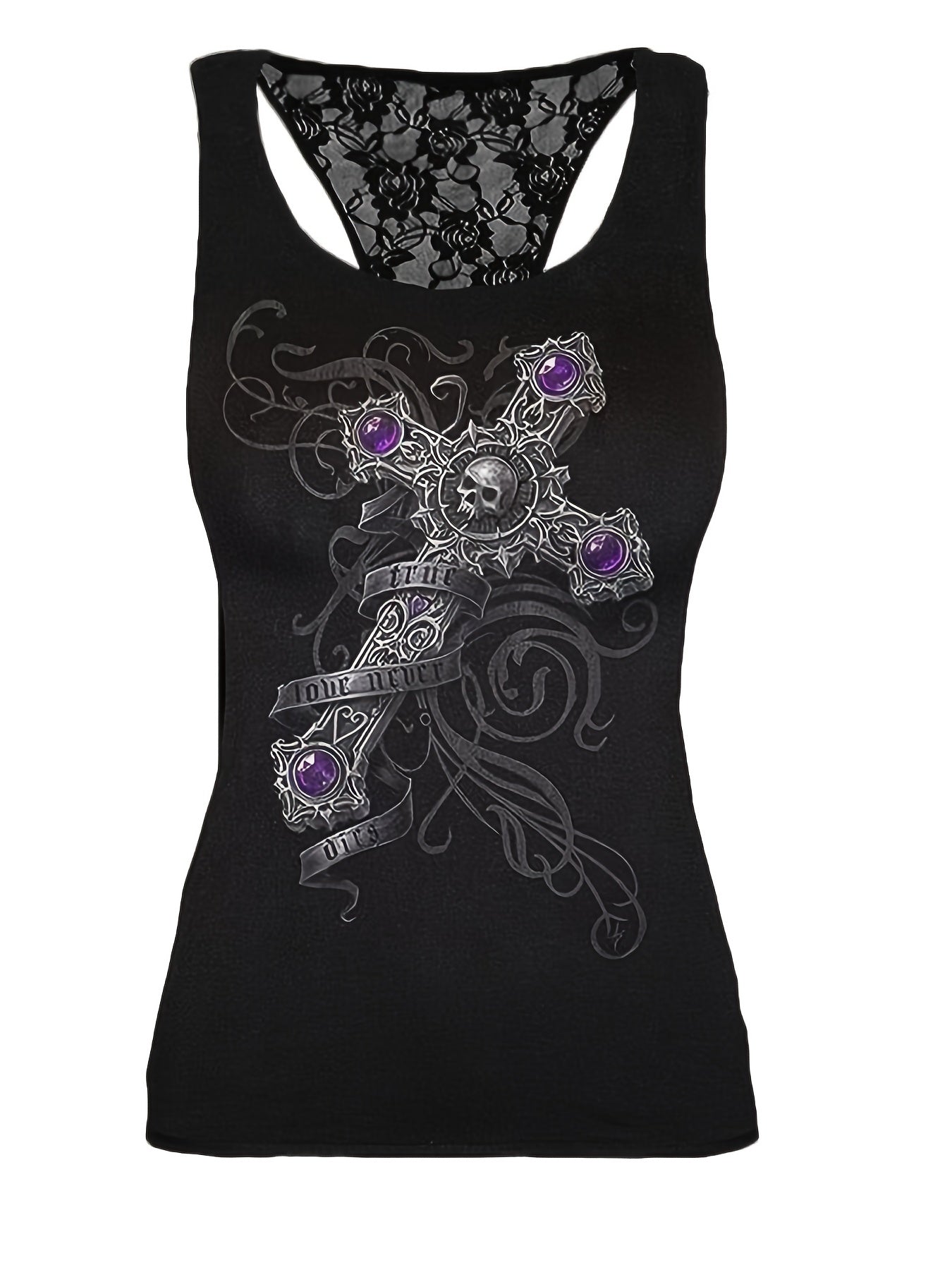 Lace Cross Print Tank Top Sleeveless Crew Neck Sexy Blouse