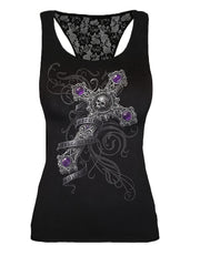 Lace Cross Print Tank Top Sleeveless Crew Neck Sexy Blouse