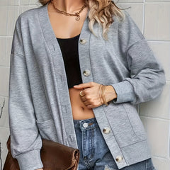  Solid Long Sleeve Button Up Stretch Cardigan With Pockets