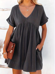  Short Sleeve V Neck Tunic Mini Dress With Pockets