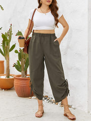  Solid Side Tie Ruched High Rise Wide Leg Pants