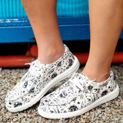 Skull Pattern Flat Shoes Slip On Canvas Casual Hallow