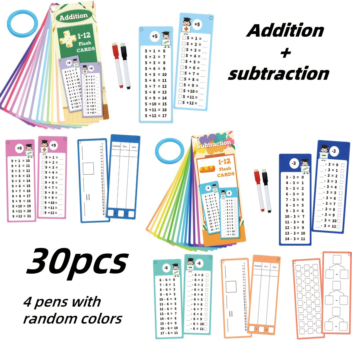 30pcs 1-12 Math Flashcards with Dry Erase Markers | Engaging Learning Tools
