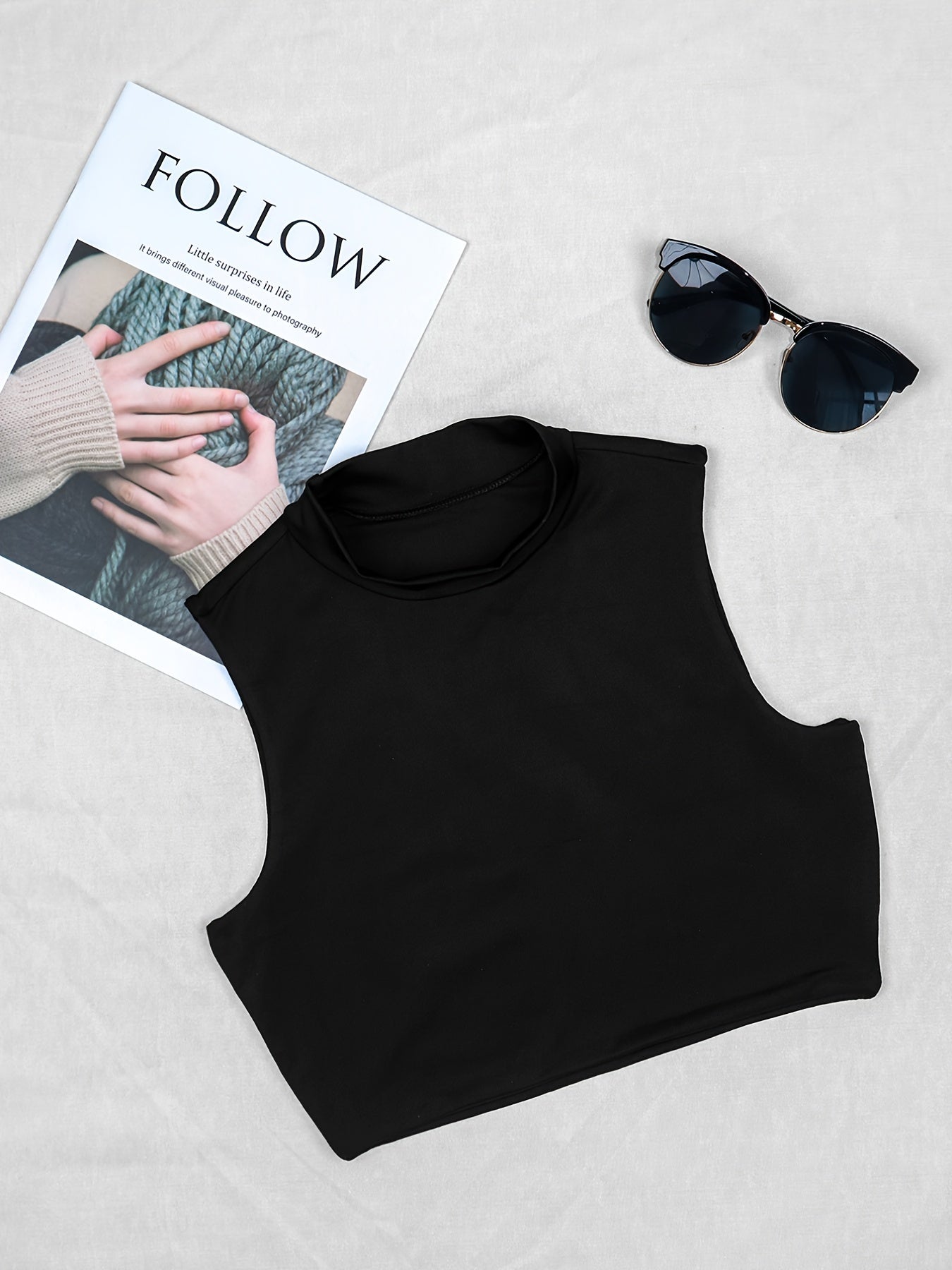 Solid Turtle Neck Crop Tank Top Sleeveless Stretchy Top