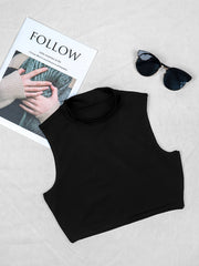 Solid Turtle Neck Crop Tank Top Sleeveless Stretchy Top