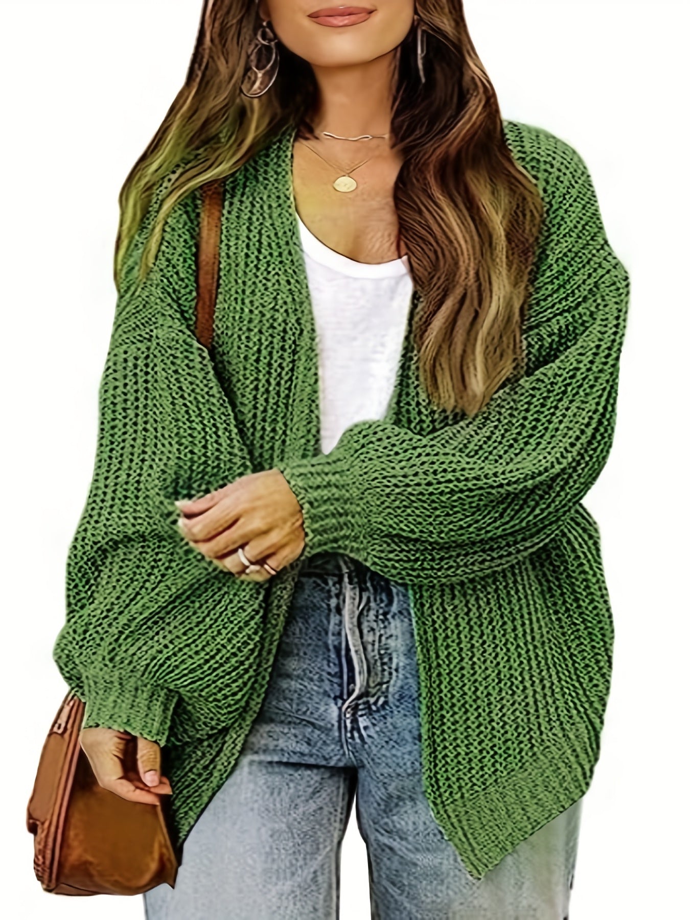  Solid Lantern Sleeve Open Front Cardigan