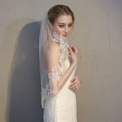 Double Layer Bridal Veil with Lace Detailing Wedding Accessory