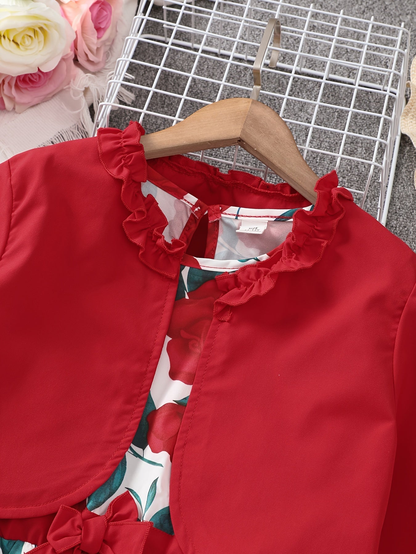Girls Long Sleeve Top And Matching Rose Print Dress