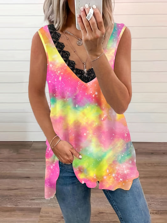  Tie Dye Lace Trim Tank Top V Neck