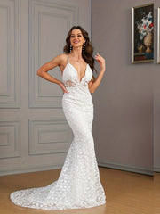Boho Lace V Neck Wedding Dress