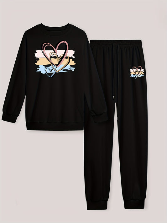  Colorblock Heart Print Top & Drawstring Pants Set