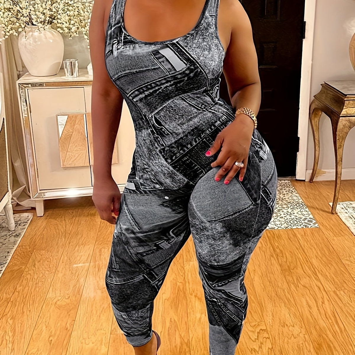 Casual Jumpsuit Denim Print Slim Fit Medium Stretch Tank Jumpsuit