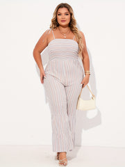  Striped Tie Shoulder Flared Leg Jumpsuit