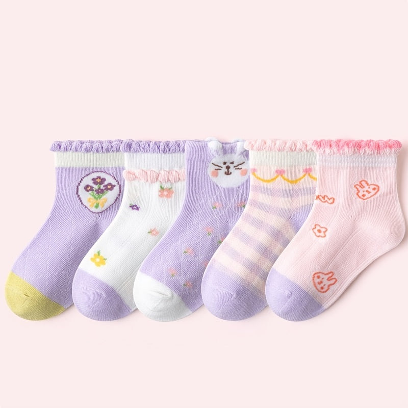 Girls Ruffled Flower Print Knit Socks Cartoon Mesh Breathable Socks