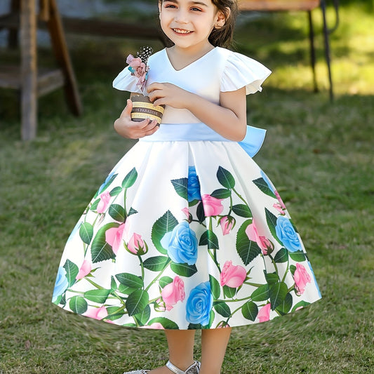 Rose Graphic Bow Tutu Dress for Toddler Girl