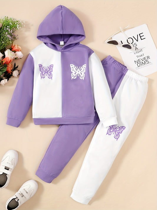 Girls Butterfly Print Hoodie & Sweatpants 2pcs Set for Spring & Autumn