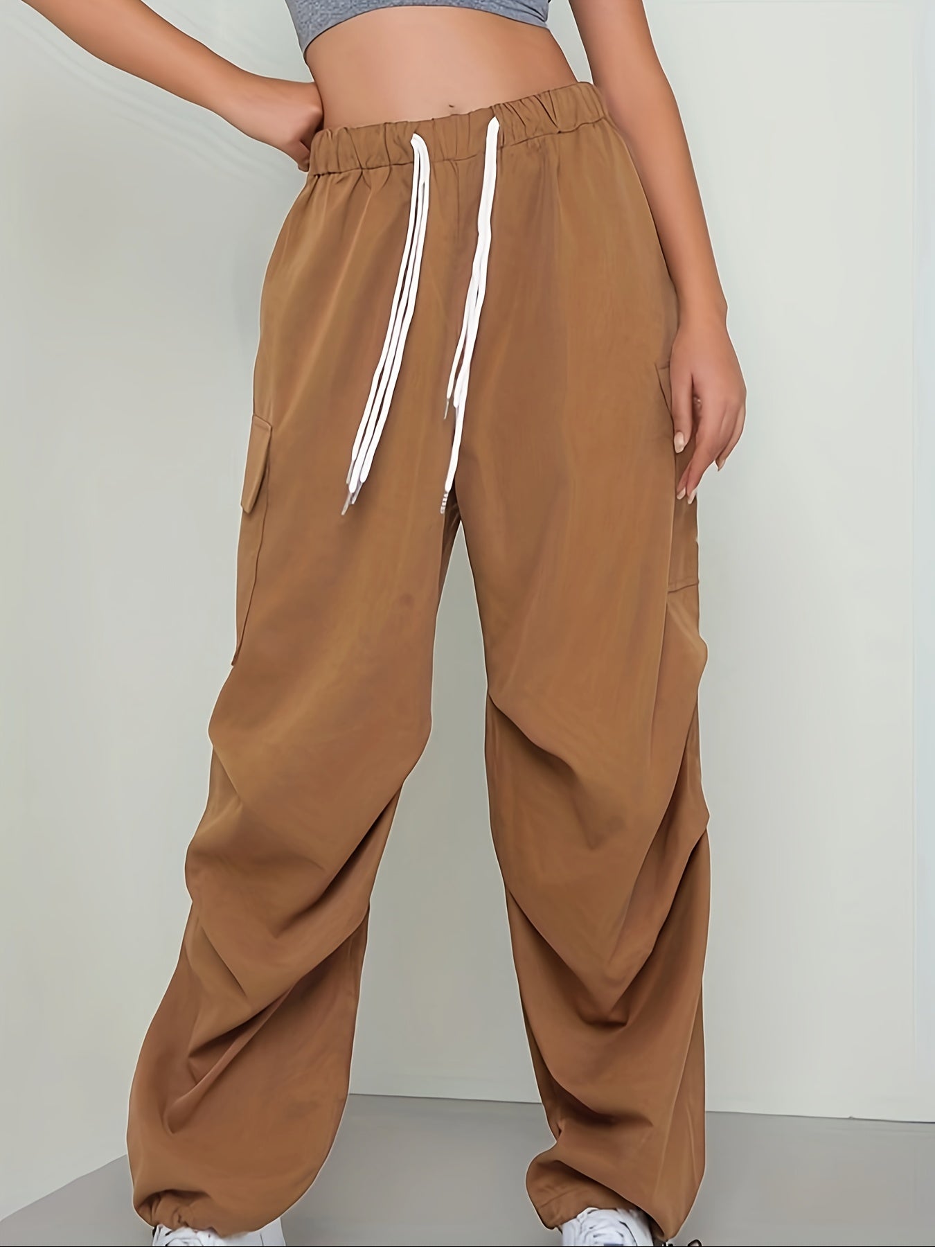 Women's Plus Size Elastic Drawstring Wide Leg Cargo Pants