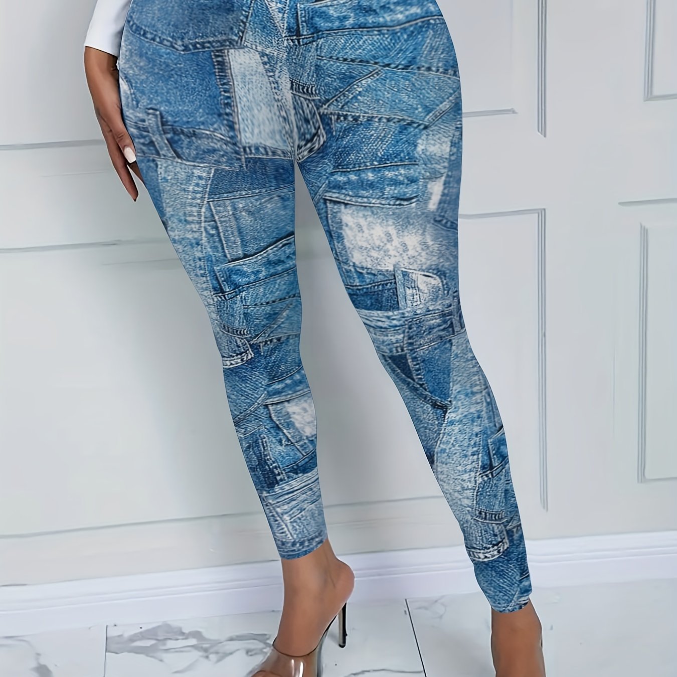Denim Print Skinny Leggings Stretchy Casual Leggings
